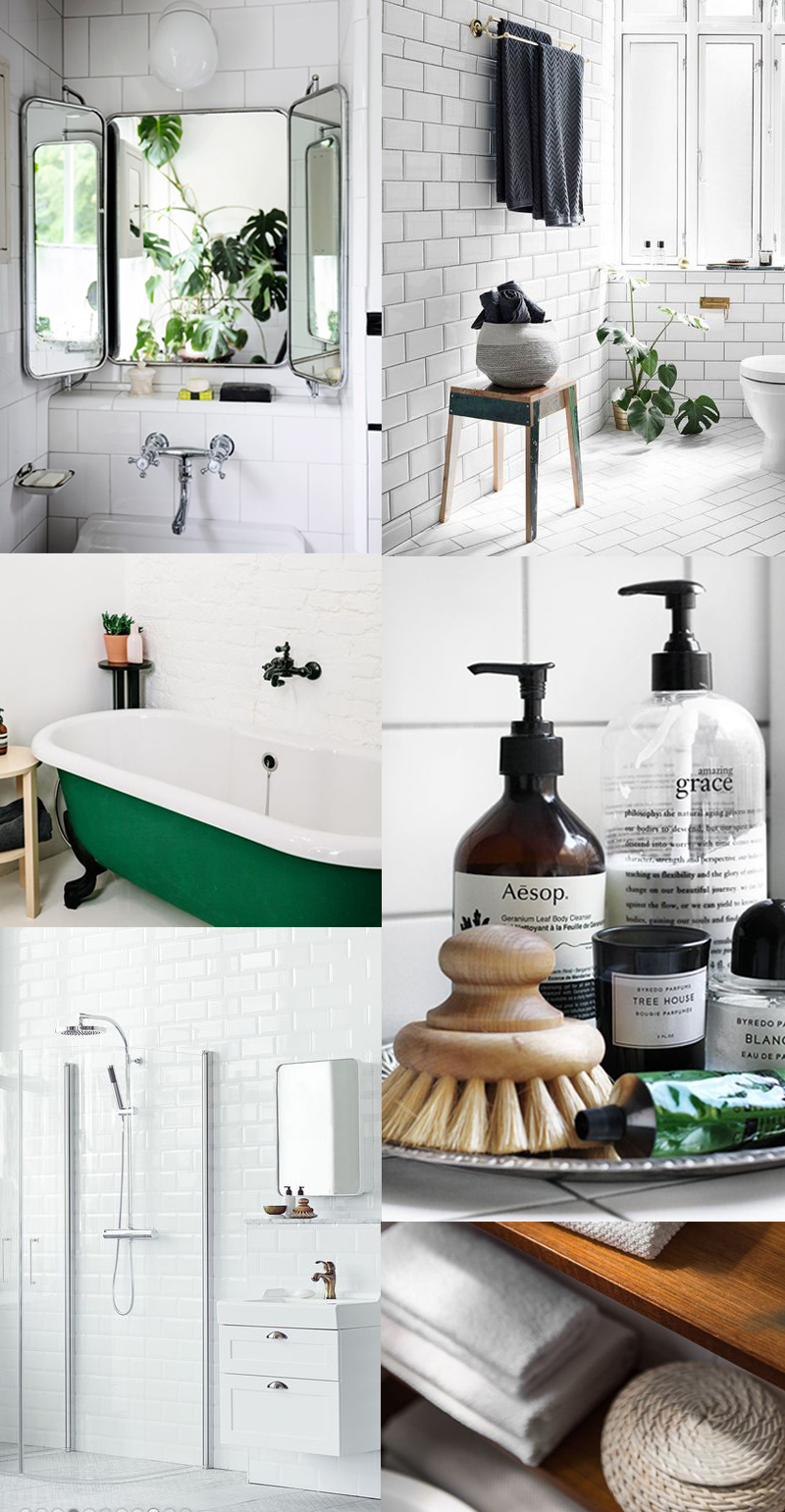 Bathroom, badrumsinspo, badrum, vitt kakel, grönt badkar